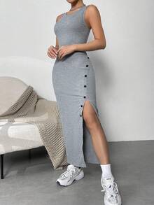 SHEIN Essnce Women's Casual All-Match Grey Button Front Slit Maxi Bodycon Dress For Summer - Grey - View 5