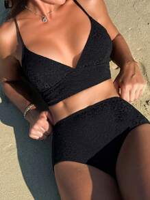 SHEIN Swim Women's Leopard Jacquard Cami Two-Piece Bikinis Set Carnival Summer - Black - View 8
