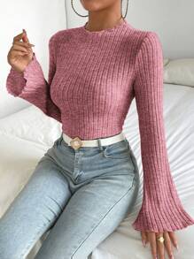 SHEIN Essnce 女士鈴鐺袖肋織短t恤 - 中紫紅色 - 查看 1