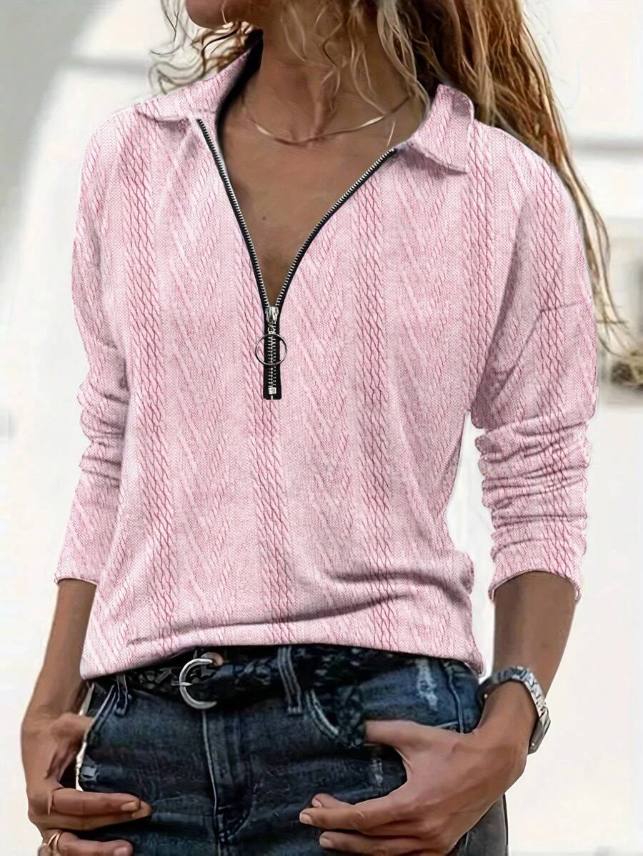 女士优雅时尚休闲 Polo 领半拉链长袖针织上衣