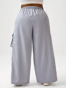Flirla Plus Size Solid Color Cargo Pants With Pleated Detail Fall Cloth For Women - Light Grey - View 3