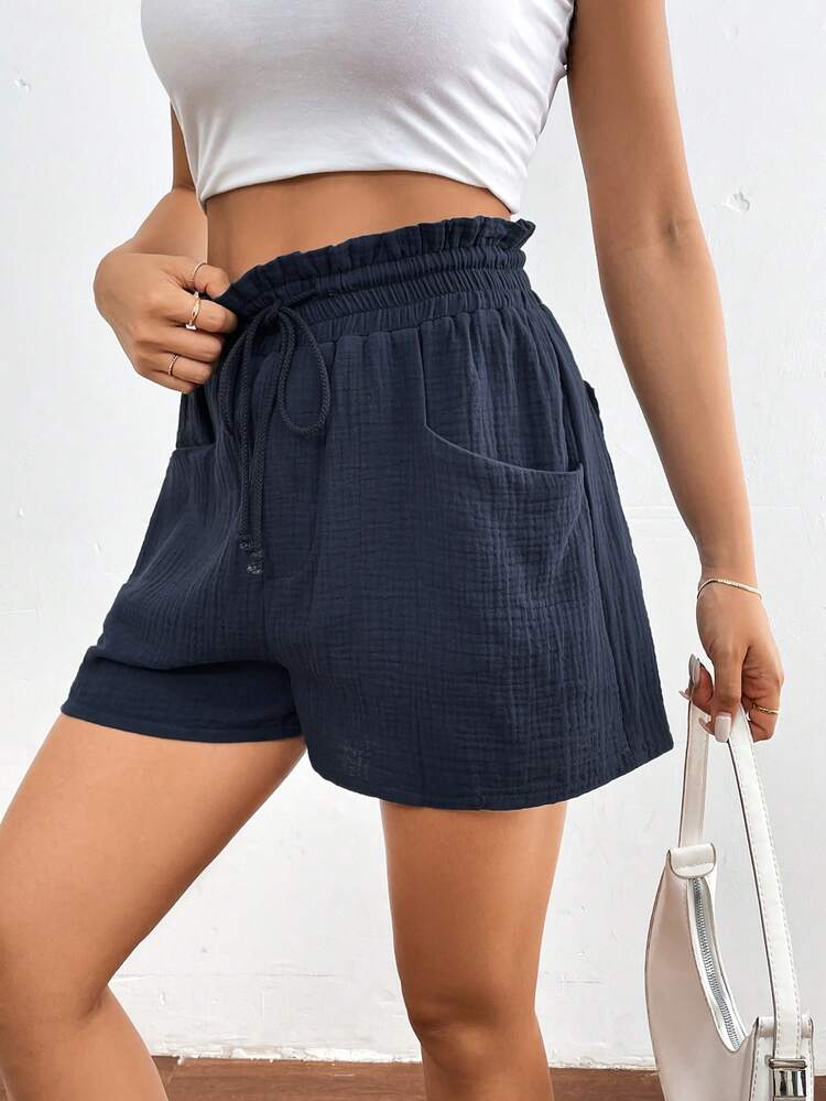 Solid Color Double-Pocket Drawstring Paperbag Waist Shorts