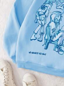 SHEIN Figure & Letter Graphic Drop Shoulder Thermal Lined Pullover,Long Sleeve Tops Fall - Baby Blue - View 4