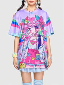 ROMWE Anime Camiseta con estampado de personajes de dibujos animados coloridos y adorables, de talla grande, para señoras, escuela
