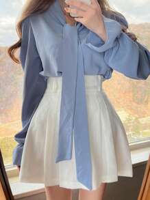 DAZY 1pc Women's Solid Color Bow Neck Elegant Business Casual Blouse,Ruffle,Fall Clothes