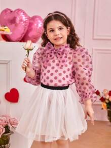 SHEIN Cô Gái Trẻ Đàn organza Chấm bi Ren Đứng cổ áo Áo sơ mi Với Nơ Đồ trang trí Đối với Giải trí Mặc - Hồng - Xem 3