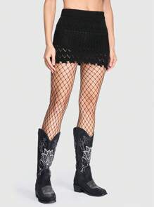 ROMWE Goth Dark Boho Style Sweep Hem Distressed Low-Waist Knitted Sweater Skirt - Black - View 2