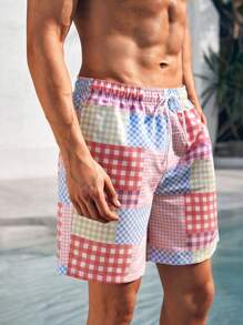 Manfinity VDAYZ Men's Plaid Drawstring Waist Swim Trunks - Red and White - View 7