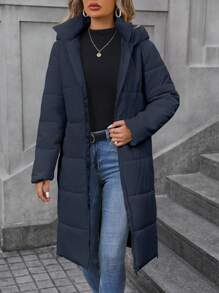 SHEIN LUNE Women's Hooded Padded Padded Coat Clothes Winter With Side Zipper & Pockets - Blue - View 3