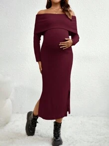 SHEIN Maternity Off-Shoulder Split Dress - Burgundy - View 4