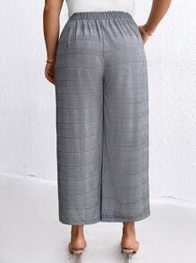 SHEIN LUNE Plus Size Women's Zipper Fly Plaid Checked Pants - Grey - View 2