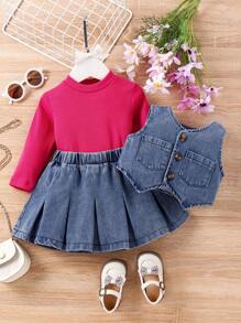 嬰兒女寶寶純色T恤、背心和褶皺裙套裝 - 藍色 - 查看 3