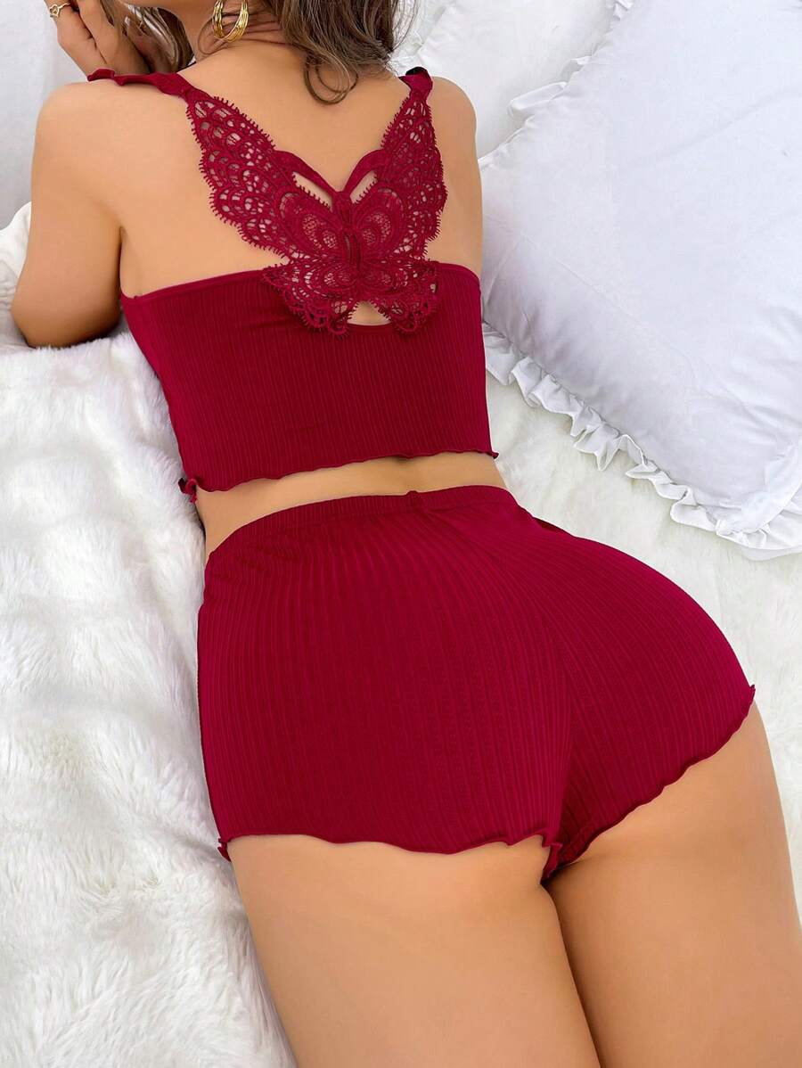 SHEIN 女士蝴蝶蕾丝设计吊带睡衣套装睡衣套装红色两件套红色两件套 - 酒紅色 - 查看 1