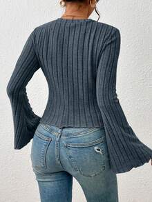 SHEIN Frenchy Women's V-Neck Ribbed T-Shirt With Flare Sleeves - Dusty Blue - View 2