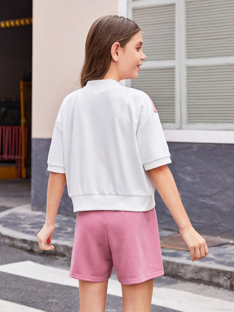 Tween Girls' Knitted Color Block Loose Short-Sleeved Baseball Collar Top + Knitted Letter Print Loose Shorts Two-Piece Set