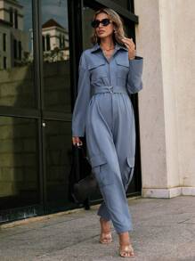 SHEIN Essnce 女士長袖腰帶襯衫連體褲 - 霧霾藍 - 查看 5