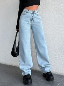 SHEIN Cottnline Jeans De Pierna Recta Para Mujeres Con Efecto Lavado - Lavado ligero - Ver 3