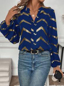 SHEIN Unity 女士金箔印花長袖襯衫 - 藏蓝色 - 查看 1