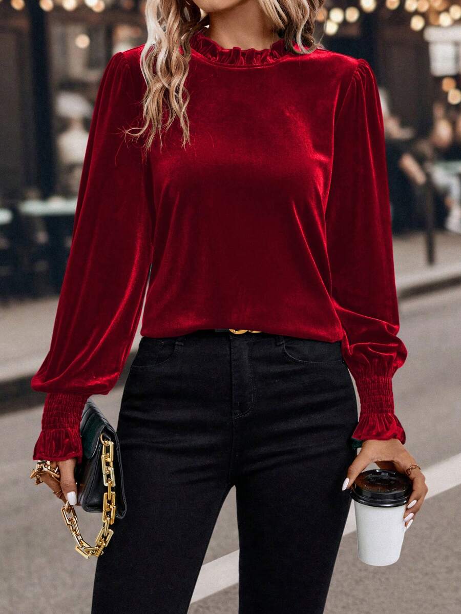 SHEIN Clasi 女士立領襯衫,褶邊下擺和收緊袖口設計 - 紅色 - 查看 1