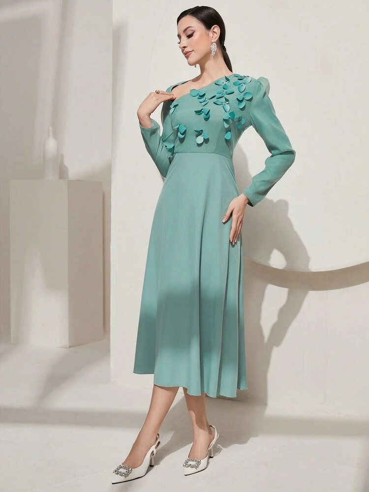 Women'S Floral Applique Rhinestone Embellished Asymmetrical Collar Dress Long Evening Dresses Fall Cloth For Women