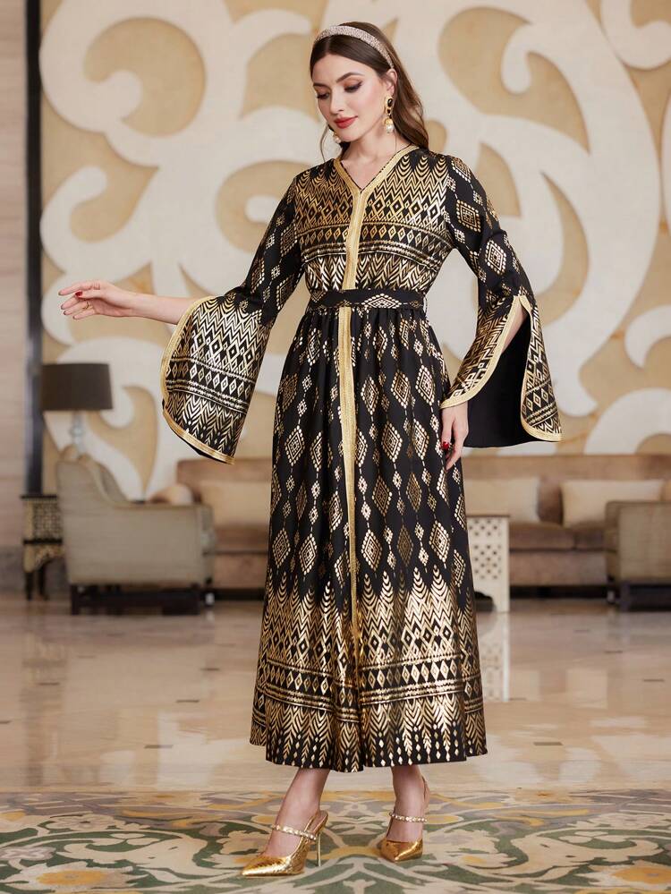 Floral Printed, Metallic Gold Tone Woven Band Spliced Bell Sleeve Caftan Dress, Elegant Luxury Evening Party Style, For Gargee'an/Foundation Day/Festival