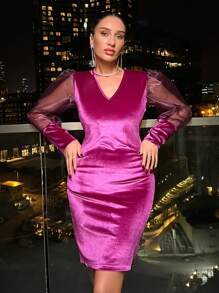 RueChic Ladies' Elegant Mesh Patchwork Dress - Purple - View 3