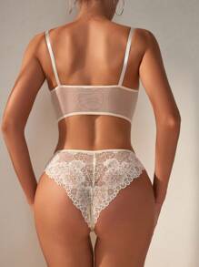 SHEIN Lace Mesh Bra With Underwire And Triangle Panties Set Lingerie Set - Beige - View 4