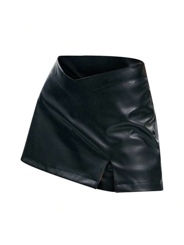 SHEIN EZwear Pu Leather V-waist Slit Mini Skirt