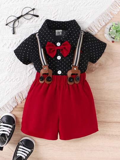 SHEIN 嬰兒男寶寶波點短袖襯衫和背帶短褲套裝
