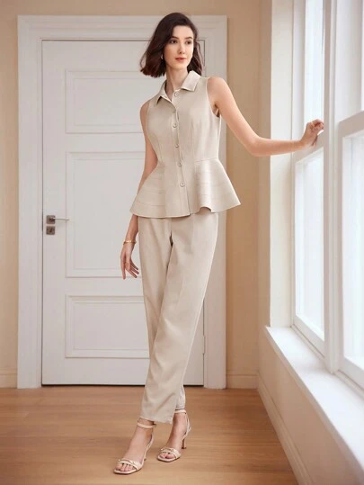 MOTF PREMIUM LADIES' SOLID COLOR BUTTON FRONT SLEEVELESS SHIRT