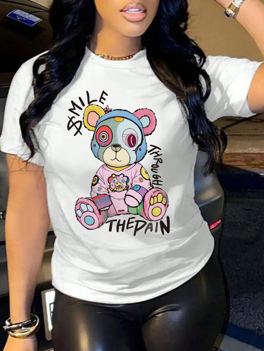 SHEIN EZwear 大尺寸卡通字母印花t恤 - 白色 - 查看 1