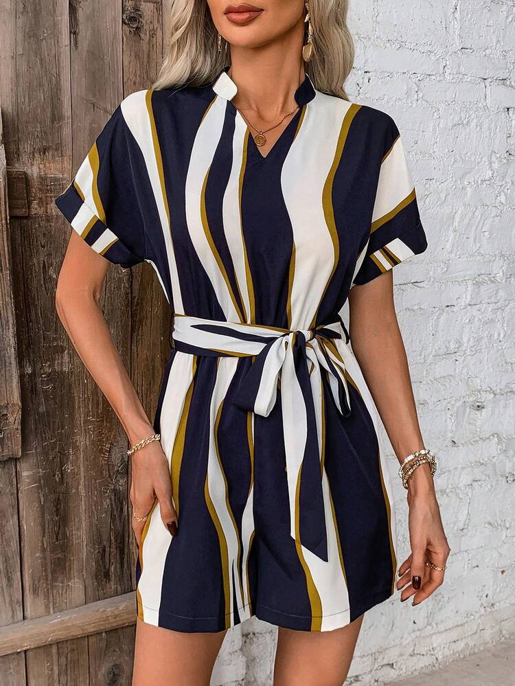 Women's Casual Chic Colorblock & Pressed Flower Pattern Romper With Notched Collar