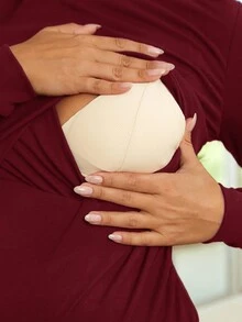 SHEIN Maternity High Collar Long Sleeve Nursing Function T-Shirt - Burgundy - View 6