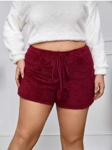 SHEIN Essnce Plus Drawstring Waist Flannel Shorts - Red - View 1