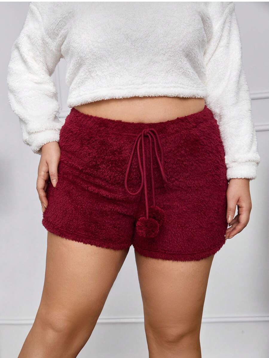 SHEIN Essnce Plus Drawstring Waist Flannel Shorts - Red - View 1