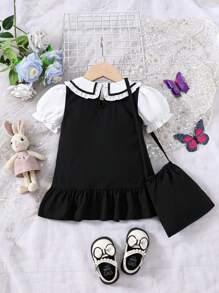 Baby Girl Color Block Peter Pan Collar Short Puff Sleeve Bubble Dress - Black - View 2