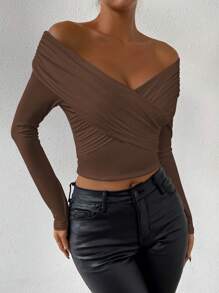 Allurite Women's Off Shoulder Ruffle Long Sleeve T-Shirt - Coffee Brown - View 6