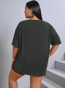 SHEIN EZwear Women'S Plus Size Sun With Face Printed Round Neck T-Shirt - Grey - View 3