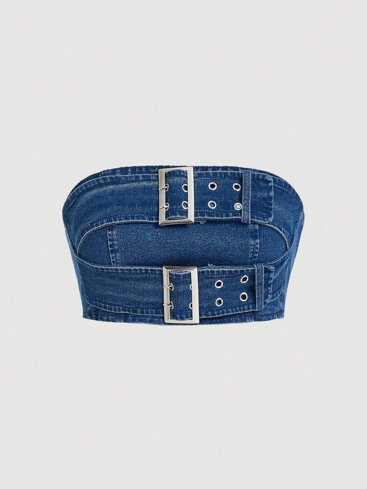 Women's Casual Strapless Denim Mini Top With Tight Fit, Button Closure