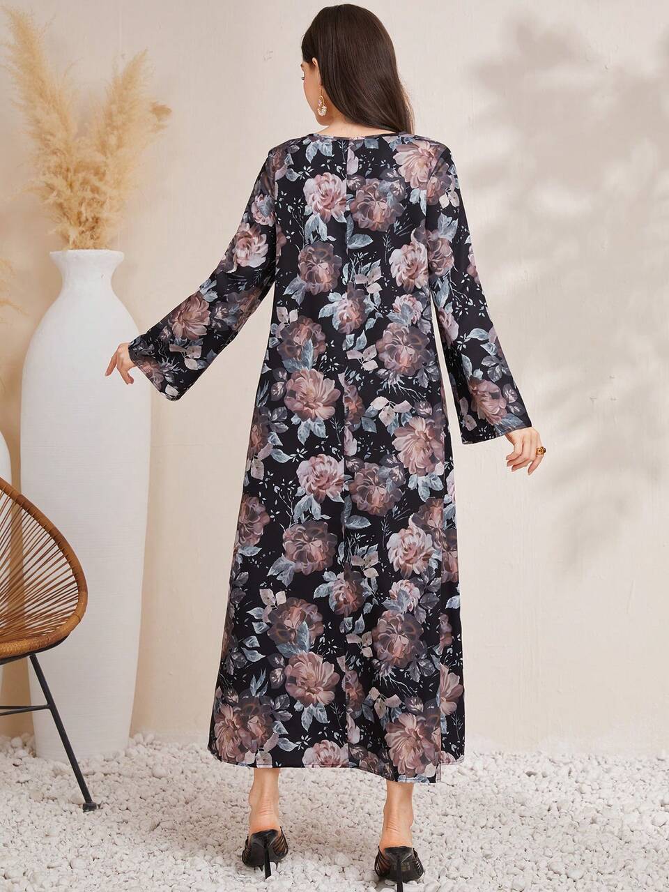 Women's Floral Printed Heat-Pressed Rhinestone & Embroidery Decor Round Neck Dress