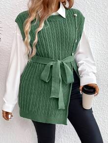 SHEIN LUNE 大尺碼1件針織毛衣背心,設有帶鈕扣裝飾的裂縫式下擺和腰帶 - 綠色 - 查看 3