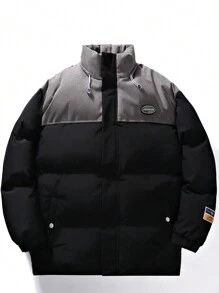 Men's Warm Padded Coat With Contrast Patch Design - Black - View 1