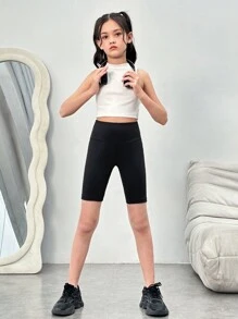 Tween Girl Solid Wide Waistband Biker Shorts - Black - View 6