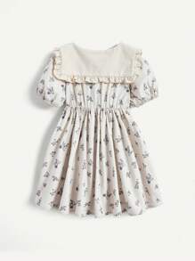 Cozy Pixies Baby Girl Short Sleeve Floral Pattern Dress With Ruffle Hem And Hat Set - Apricot - View 2