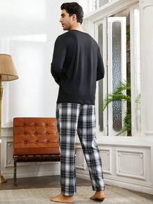 男士纯色 T 恤和格子裤睡衣套装 / 睡衣套装 - 黑與白 - 查看 2