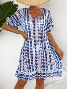 SHEIN Swim 1件女款水洗染遮陽衣,帶有荷葉邊袖口設計 - 藍白色 - 查看 5