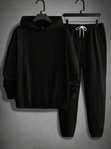 GENTILAND 男士純色連帽t卹+褲子套裝 - 黑色 - 查看 1