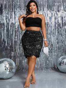 Celure 大尺寸褶襉銀箔裹身裙 - 黑色 - 查看 1