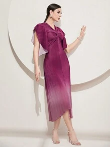 Modelyn Của phụ nữ Off-shoulder Ngắn tay Mặt trước xoắn Váy chữ A - Màu đỏ tím - Xem 3