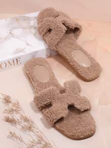 SHUZIA 女士时尚百搭毛绒平底凉鞋万圣节圣诞节秋冬 - 卡其色 - 查看 2